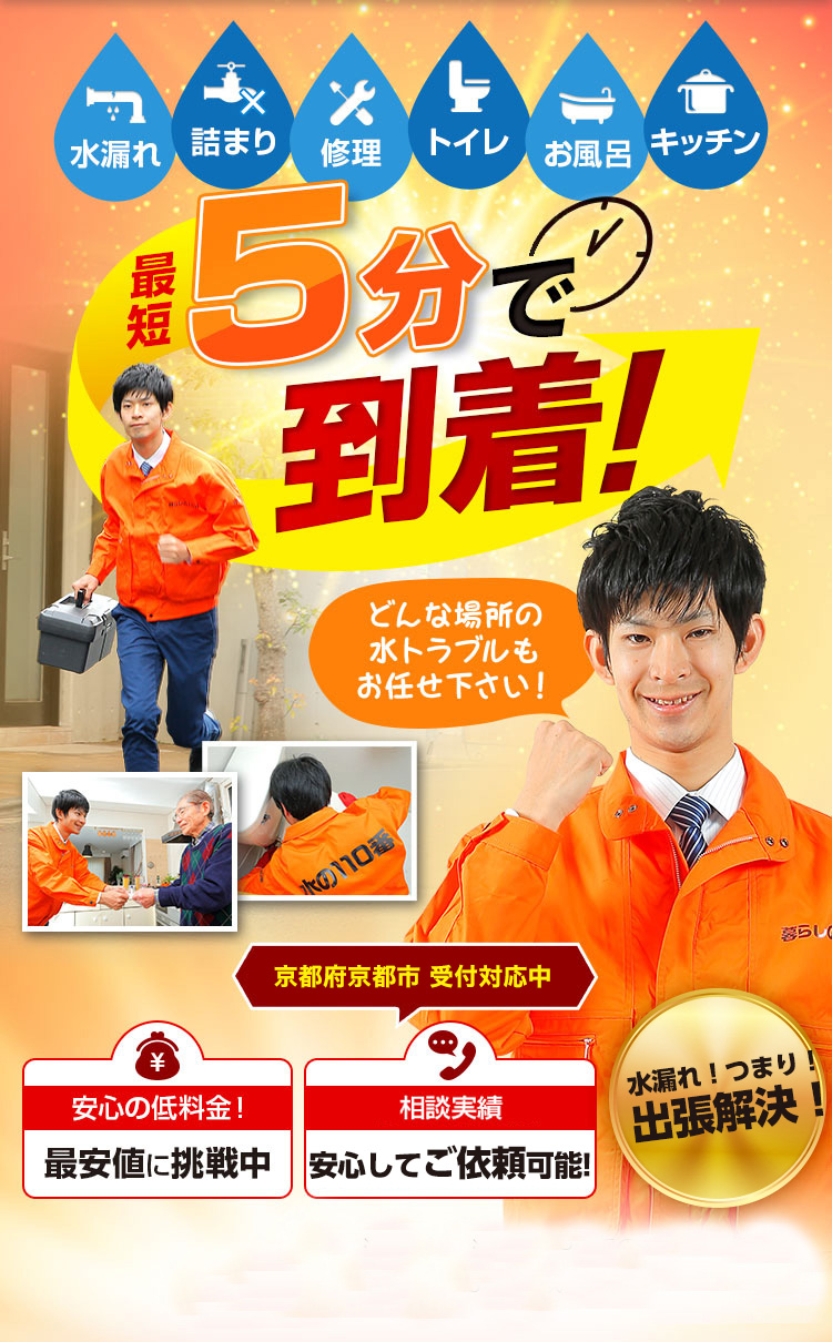 トイレつまり、蛇口水漏れ、水道修理、京都市